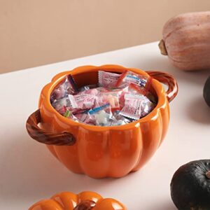 Yeexoxow Pumpkin Shaped Bowl 54 Oz, Pumpkin Bowl with Handles for Serving Soup, Ceramic Pumpkin Candy Dish with Lid, Orange