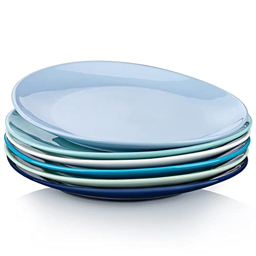 LOVECASA Dinner Plates Set of 6, 11 inch Ceramic Plates,Egg-shaped Oval Plate Dishes Set, Porcelain Salad Serving Blue and White Dishes for Kitchen, Microwave, Oven, and Dishwasher Safe