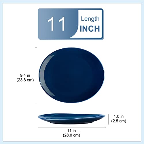 LOVECASA Dinner Plates Set of 6, 11 inch Ceramic Plates,Egg-shaped Oval Plate Dishes Set, Porcelain Salad Serving Blue and White Dishes for Kitchen, Microwave, Oven, and Dishwasher Safe