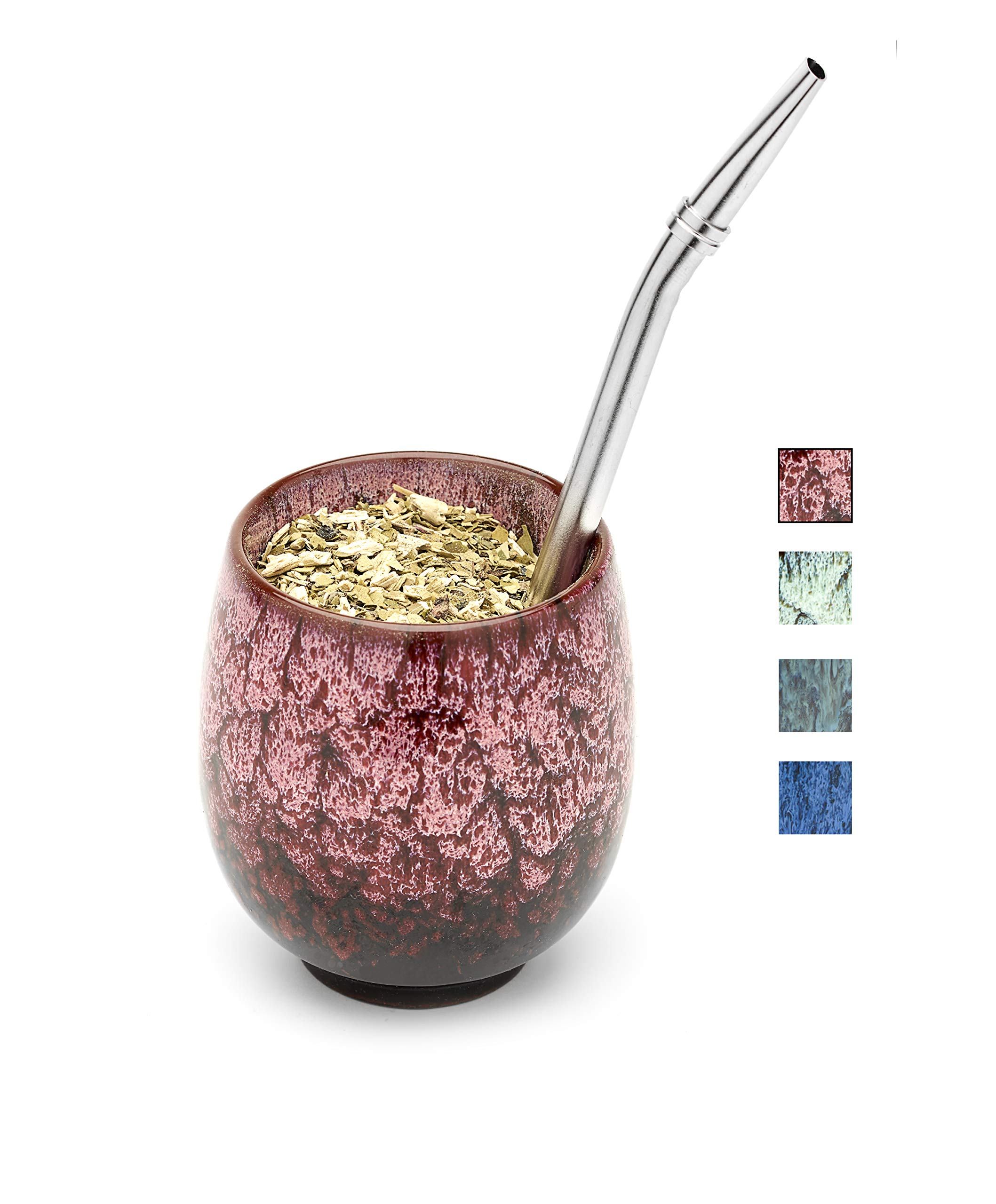 BALIBETOV Yerba Mate Set - Ceramic Mate Cup - Bombilla (Straw) and Cleaning Brush Included - Modern Yerba Mate Gourd - Easy To Clean Mate Gourd for Yerba Mate Loose Leaf Drinking. (Summer)