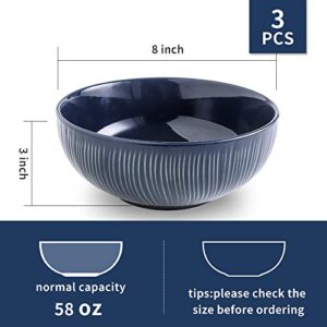 KOOV 58 OZ Ceramic Large Bowl Set, Large Salad Bowls Set, Big Bowl for Eating, Pho Bowl Set, Soup Bowl Microwave Safe, Ceramic Serving Bowl Set of 3, Irregular Striped Series (Aegean)