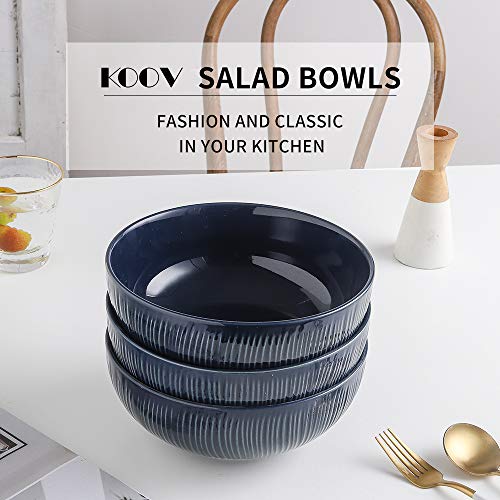 KOOV 58 OZ Ceramic Large Bowl Set, Large Salad Bowls Set, Big Bowl for Eating, Pho Bowl Set, Soup Bowl Microwave Safe, Ceramic Serving Bowl Set of 3, Irregular Striped Series (Aegean)