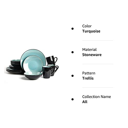 HomeVss Sonoma 16 Piece Stoneware Dinner Set, Outside Black + Inside Handpainted Color Turquoise with speckle