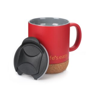 life's easy 12 oz coffee mug with insulated cork bottom and push-on splash-proof lid - red