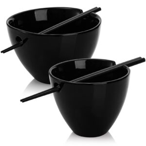 avla ceramic ramen bowl set of 2, 15/26 oz porcelain noodle soup bowl with chopsticks, multi purpose bowl for soup, noodle, pho, udon and soba, dishwasher and microwave safe, black