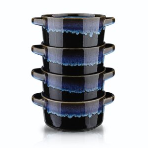 koov porcelain soup bowls with handles microwave safe, soup bowls large, 24 ounce for soup, cereal, stew, french onion soup bowls, reactive glaze set of 4 (nebula blue)