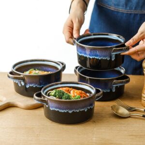 KOOV Porcelain Soup Bowls With Handles Microwave Safe, Soup Bowls Large, 24 Ounce for Soup, Cereal, Stew, French Onion Soup Bowls, Reactive Glaze Set of 4 (Nebula Blue)