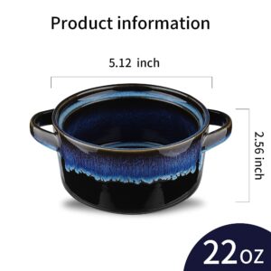 KOOV Porcelain Soup Bowls With Handles Microwave Safe, Soup Bowls Large, 24 Ounce for Soup, Cereal, Stew, French Onion Soup Bowls, Reactive Glaze Set of 4 (Nebula Blue)