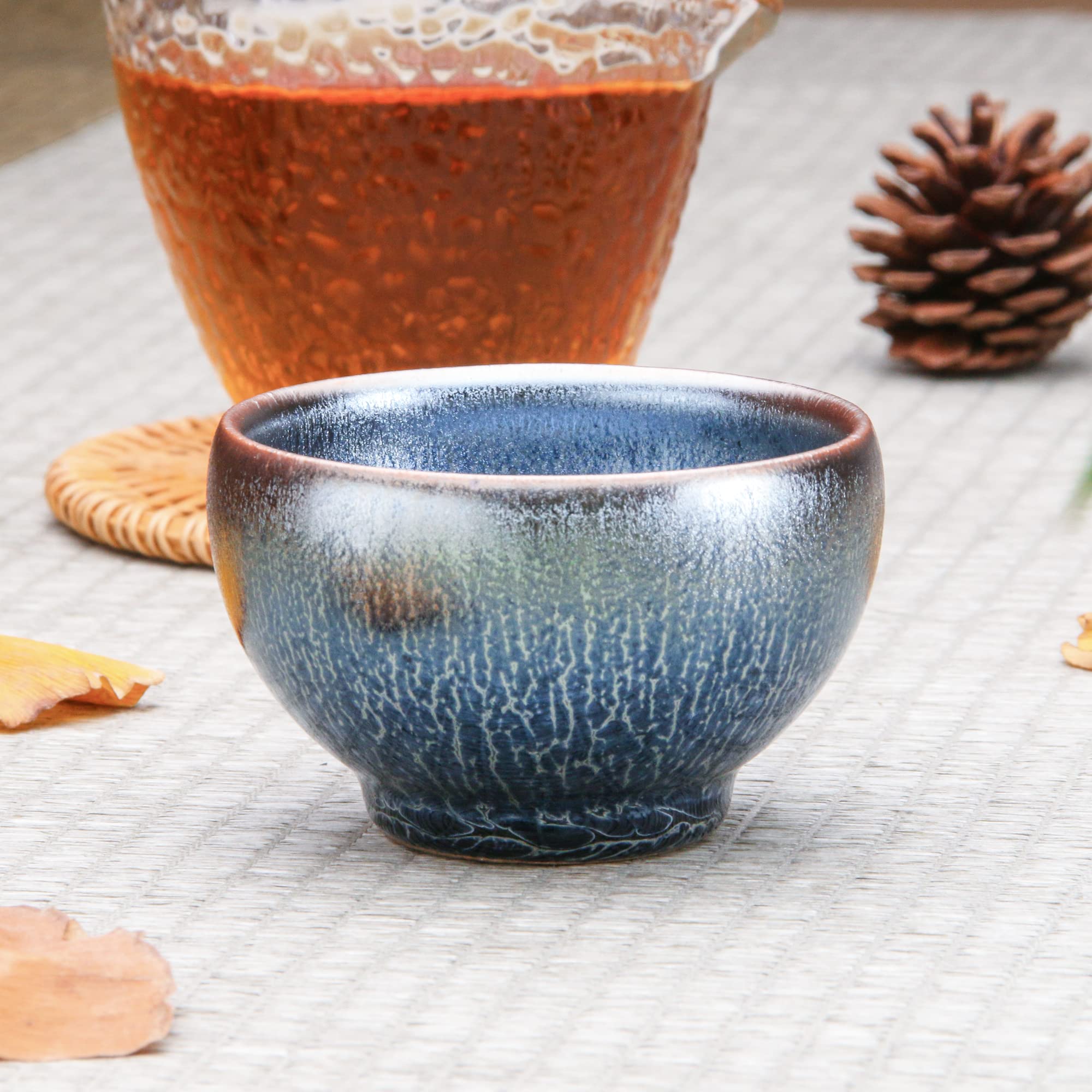 ISHIMORI HOUSE Chinese Tea Cup, Japanese Tea Cups, 3.5oz Ceramic Tenmoku Kung Fu Tea Cup, Azure Blue Dragon Scales Tea Cup Gift