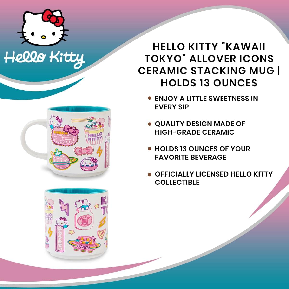 Silver Buffalo Hello Kitty Kawaii Tokyo Allover Icons Ceramic Stacking Mug | Holds 13 Ounces