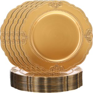 nuanchu 18 pack gold charger plates 13 inch scalloped dinner plates with bead rim embossed plastic chargers for dining, wedding, banquets, party, event, anniversary, holidays decoration