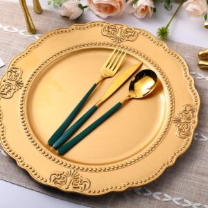 Nuanchu 18 Pack Gold Charger Plates 13 Inch Scalloped Dinner Plates with Bead Rim Embossed Plastic Chargers for Dining, Wedding, Banquets, Party, Event, Anniversary, Holidays Decoration