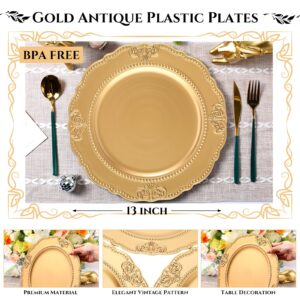 Nuanchu 18 Pack Gold Charger Plates 13 Inch Scalloped Dinner Plates with Bead Rim Embossed Plastic Chargers for Dining, Wedding, Banquets, Party, Event, Anniversary, Holidays Decoration