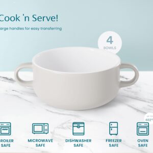 Kook Soup Crocks, Ceramic Bowls, Broil, Oven, Microwave and Dishwasher Safe, with Handles, For Casserole, Pasta, Cereal, 18 oz, Set of 4 (Coconut White)