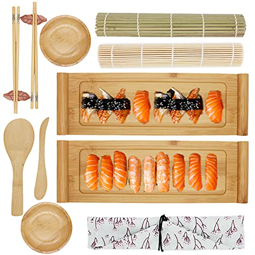 YULAO DA Sushi Making Kit and Sushi dinnerware set, 2 Bamboo Rolling Sushi Mats, 2 Sushi Plates, 2 Sauce Dishes, 2 Pairs of Chopsticks, 2 Chopsticks Rests, 1Tableware Bags, 1 Paddle and 1 Spreade...