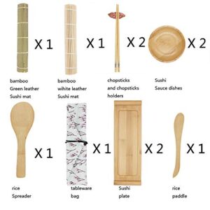 YULAO DA Sushi Making Kit and Sushi dinnerware set, 2 Bamboo Rolling Sushi Mats, 2 Sushi Plates, 2 Sauce Dishes, 2 Pairs of Chopsticks, 2 Chopsticks Rests, 1Tableware Bags, 1 Paddle and 1 Spreade...