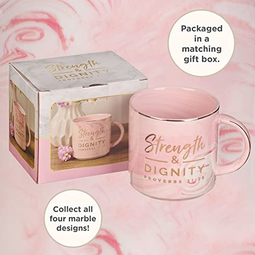 Christian Art Gifts Marble Ceramic Coffee & Tea Mug w/Gold Trim, 13 oz Encouraging Bible Verse for Women: Strength & Dignity - Proverbs 31:25 Lead-free Novelty Drinkware, White/Pink Swirl