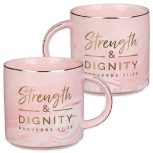 christian art gifts marble ceramic coffee & tea mug w/gold trim, 13 oz encouraging bible verse for women: strength & dignity - proverbs 31:25 lead-free novelty drinkware, white/pink swirl