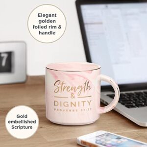 Christian Art Gifts Marble Ceramic Coffee & Tea Mug w/Gold Trim, 13 oz Encouraging Bible Verse for Women: Strength & Dignity - Proverbs 31:25 Lead-free Novelty Drinkware, White/Pink Swirl