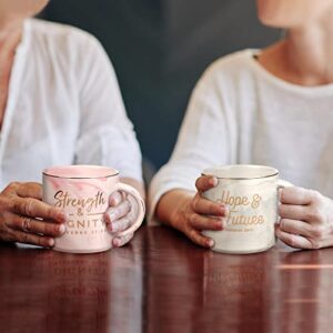 Christian Art Gifts Marble Ceramic Coffee & Tea Mug w/Gold Trim, 13 oz Encouraging Bible Verse for Women: Strength & Dignity - Proverbs 31:25 Lead-free Novelty Drinkware, White/Pink Swirl