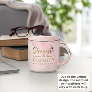 Christian Art Gifts Marble Ceramic Coffee & Tea Mug w/Gold Trim, 13 oz Encouraging Bible Verse for Women: Strength & Dignity - Proverbs 31:25 Lead-free Novelty Drinkware, White/Pink Swirl