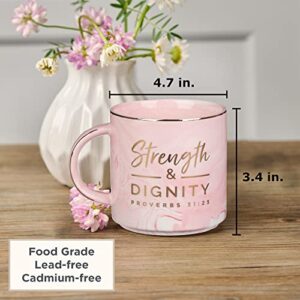 Christian Art Gifts Marble Ceramic Coffee & Tea Mug w/Gold Trim, 13 oz Encouraging Bible Verse for Women: Strength & Dignity - Proverbs 31:25 Lead-free Novelty Drinkware, White/Pink Swirl