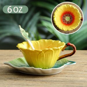 Beddinginn Colorful Tea Cups and Saucers, Sunflower Coffee Cup and Saucer Set with Spoon, China Hand Crafted Tea Set (Yellow)
