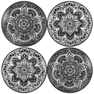 coloch 4 pack 8.5 inch ceramic salad plates, black and white floral dessert plate reusable snack serving plate for pasta, fruits, sandwiches, bar, home use, microwave and dishwasher safe