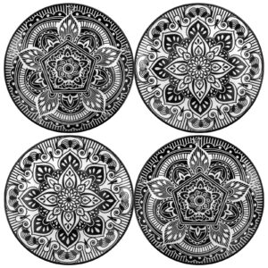 Coloch 4 Pack 8.5 Inch Ceramic Salad Plates, Black and White Floral Dessert Plate Reusable Snack Serving Plate for Pasta, Fruits, Sandwiches, Bar, Home Use, Microwave and Dishwasher Safe