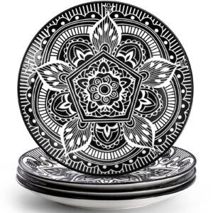 Coloch 4 Pack 8.5 Inch Ceramic Salad Plates, Black and White Floral Dessert Plate Reusable Snack Serving Plate for Pasta, Fruits, Sandwiches, Bar, Home Use, Microwave and Dishwasher Safe