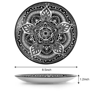 Coloch 4 Pack 8.5 Inch Ceramic Salad Plates, Black and White Floral Dessert Plate Reusable Snack Serving Plate for Pasta, Fruits, Sandwiches, Bar, Home Use, Microwave and Dishwasher Safe