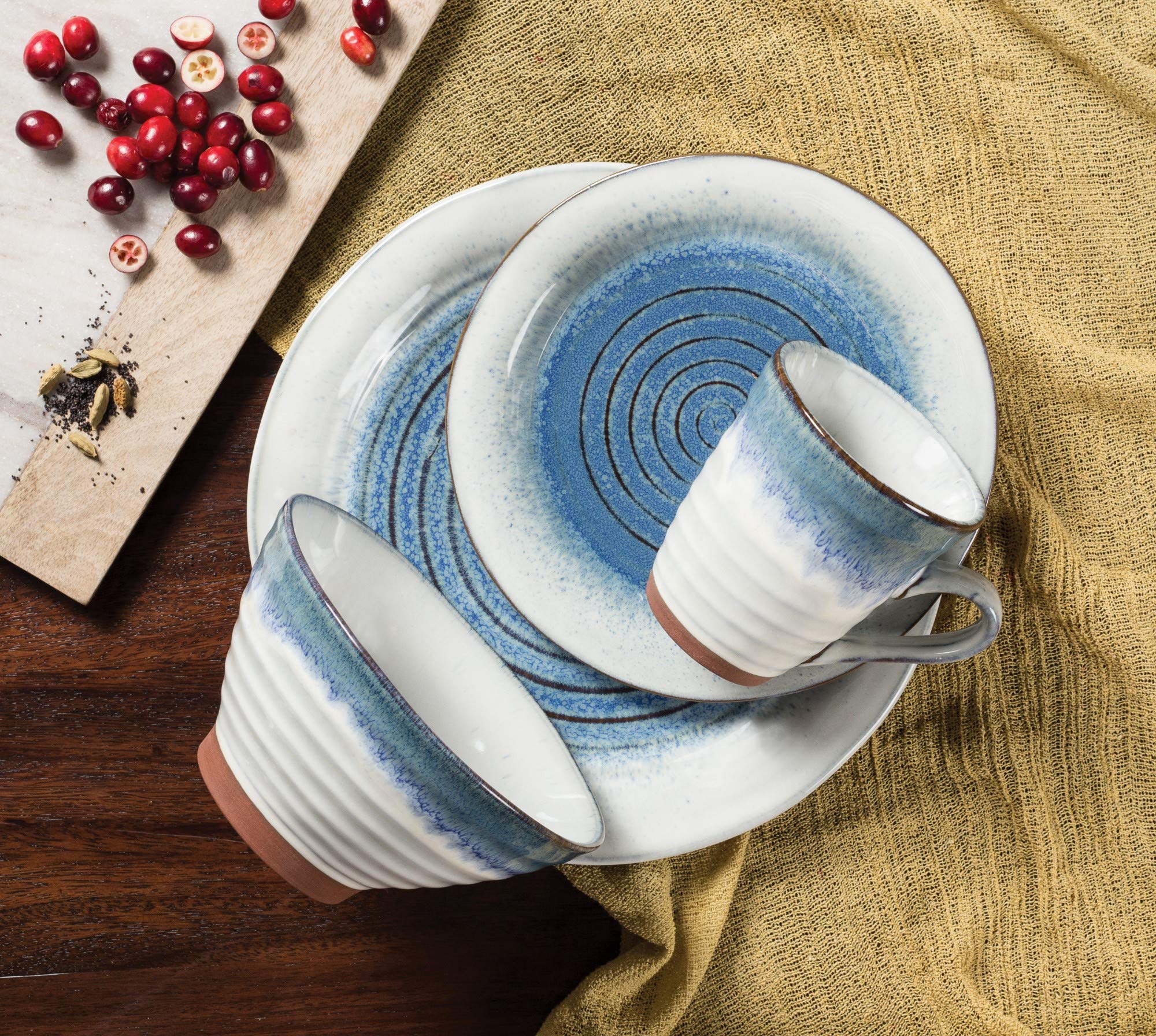 Sango Talia 16-Piece Stoneware Dinnerware Set with Round Plates, Bowls, and Mugs, Dusk Blue