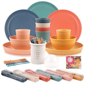 wheat straw dinnerware sets for 6(55 pcs), lanveda kitchen dinnerware sets include dinner plates, cereal bowls, cups, flatwares, portable bag, lightweight outdoor colorful party dinnerware sets