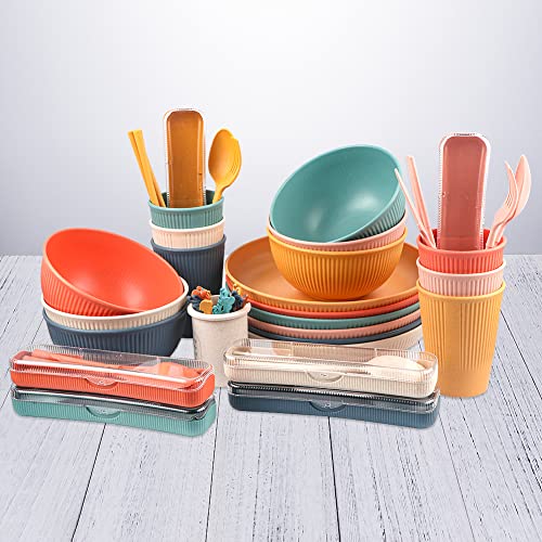 Wheat Straw Dinnerware Sets for 6(55 PCS), Lanveda Kitchen Dinnerware Sets Include Dinner Plates, Cereal Bowls, Cups, Flatwares, Portable Bag, Lightweight Outdoor Colorful Party Dinnerware Sets