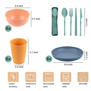 Wheat Straw Dinnerware Sets for 6(55 PCS), Lanveda Kitchen Dinnerware Sets Include Dinner Plates, Cereal Bowls, Cups, Flatwares, Portable Bag, Lightweight Outdoor Colorful Party Dinnerware Sets