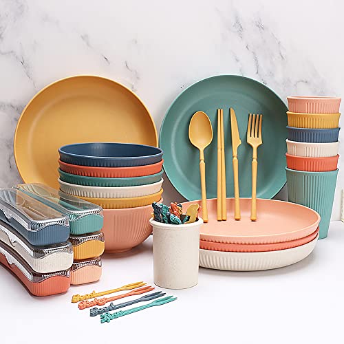 Wheat Straw Dinnerware Sets for 6(55 PCS), Lanveda Kitchen Dinnerware Sets Include Dinner Plates, Cereal Bowls, Cups, Flatwares, Portable Bag, Lightweight Outdoor Colorful Party Dinnerware Sets