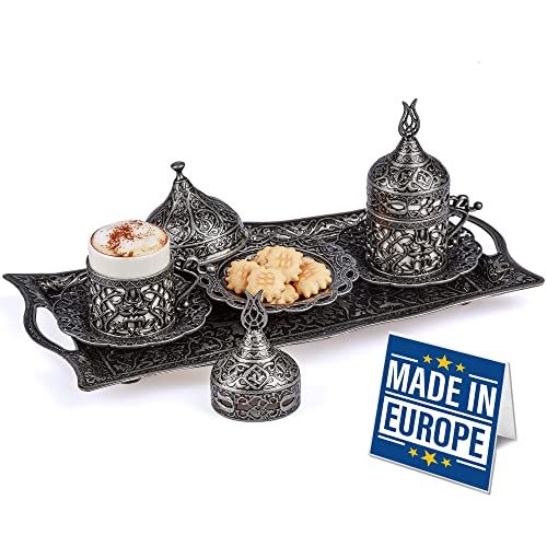 Crystalia Turkish Coffee Espresso Cup Set, Arabic Greek Moroccan Coffee Serving Set, Antique Silver Cups with Inner Porcelain and Metal Saucers Lids, Tray Sugar Dish, Demitasse Gift Set (Silver)