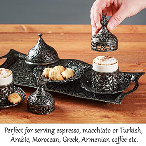 Crystalia Turkish Coffee Espresso Cup Set, Arabic Greek Moroccan Coffee Serving Set, Antique Silver Cups with Inner Porcelain and Metal Saucers Lids, Tray Sugar Dish, Demitasse Gift Set (Silver)