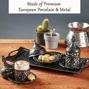 Crystalia Turkish Coffee Espresso Cup Set, Arabic Greek Moroccan Coffee Serving Set, Antique Silver Cups with Inner Porcelain and Metal Saucers Lids, Tray Sugar Dish, Demitasse Gift Set (Silver)