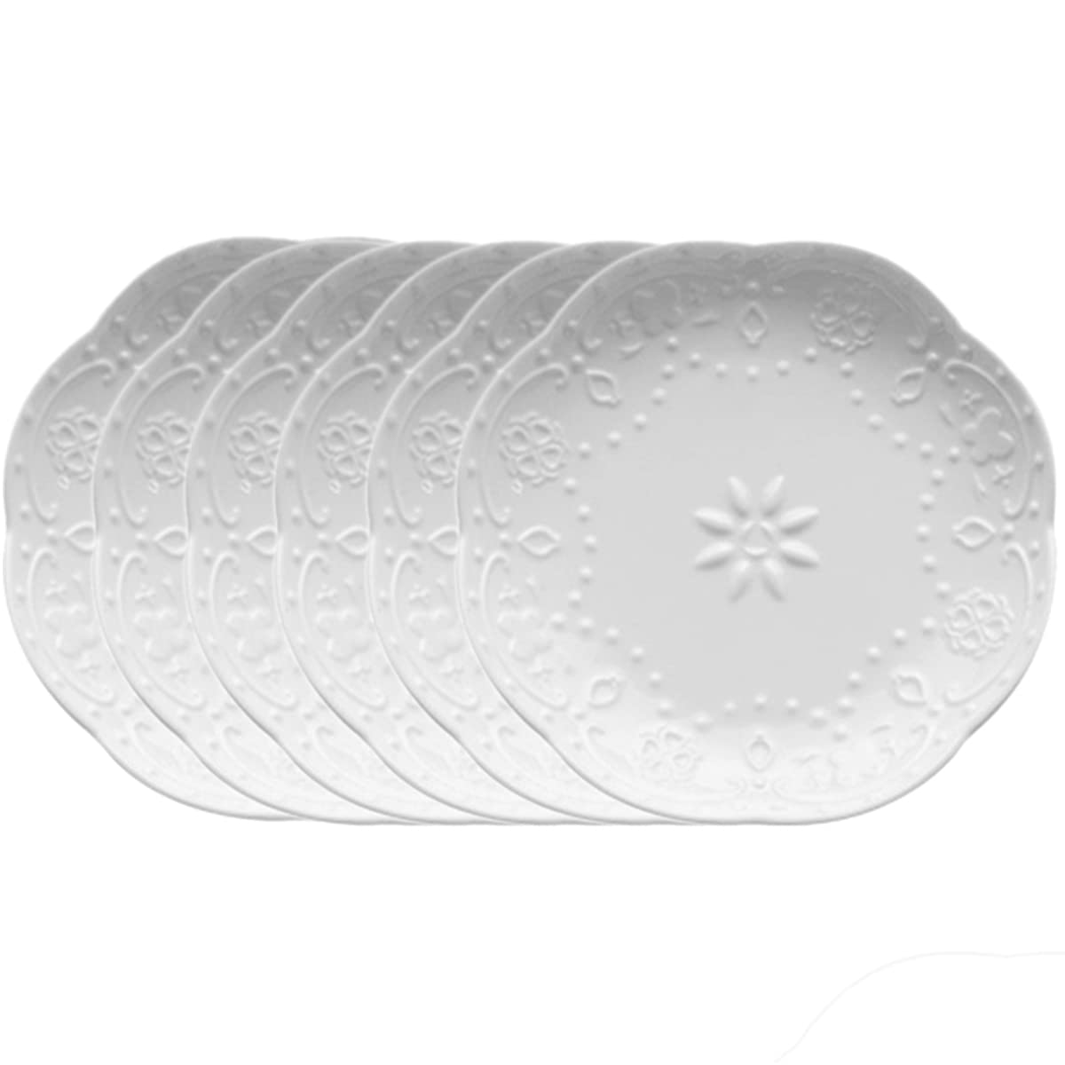 Sizikato 6pcs White Porcelain Flower Shaped Appetizer Plate, 3.6-Inch Lace Embossed Ceramic Snack Plate Sauce Plate