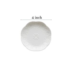 Sizikato 6pcs White Porcelain Flower Shaped Appetizer Plate, 3.6-Inch Lace Embossed Ceramic Snack Plate Sauce Plate