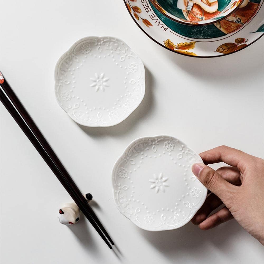 Sizikato 6pcs White Porcelain Flower Shaped Appetizer Plate, 3.6-Inch Lace Embossed Ceramic Snack Plate Sauce Plate