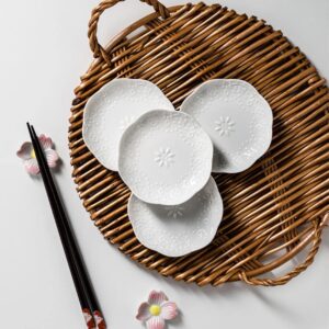 Sizikato 6pcs White Porcelain Flower Shaped Appetizer Plate, 3.6-Inch Lace Embossed Ceramic Snack Plate Sauce Plate