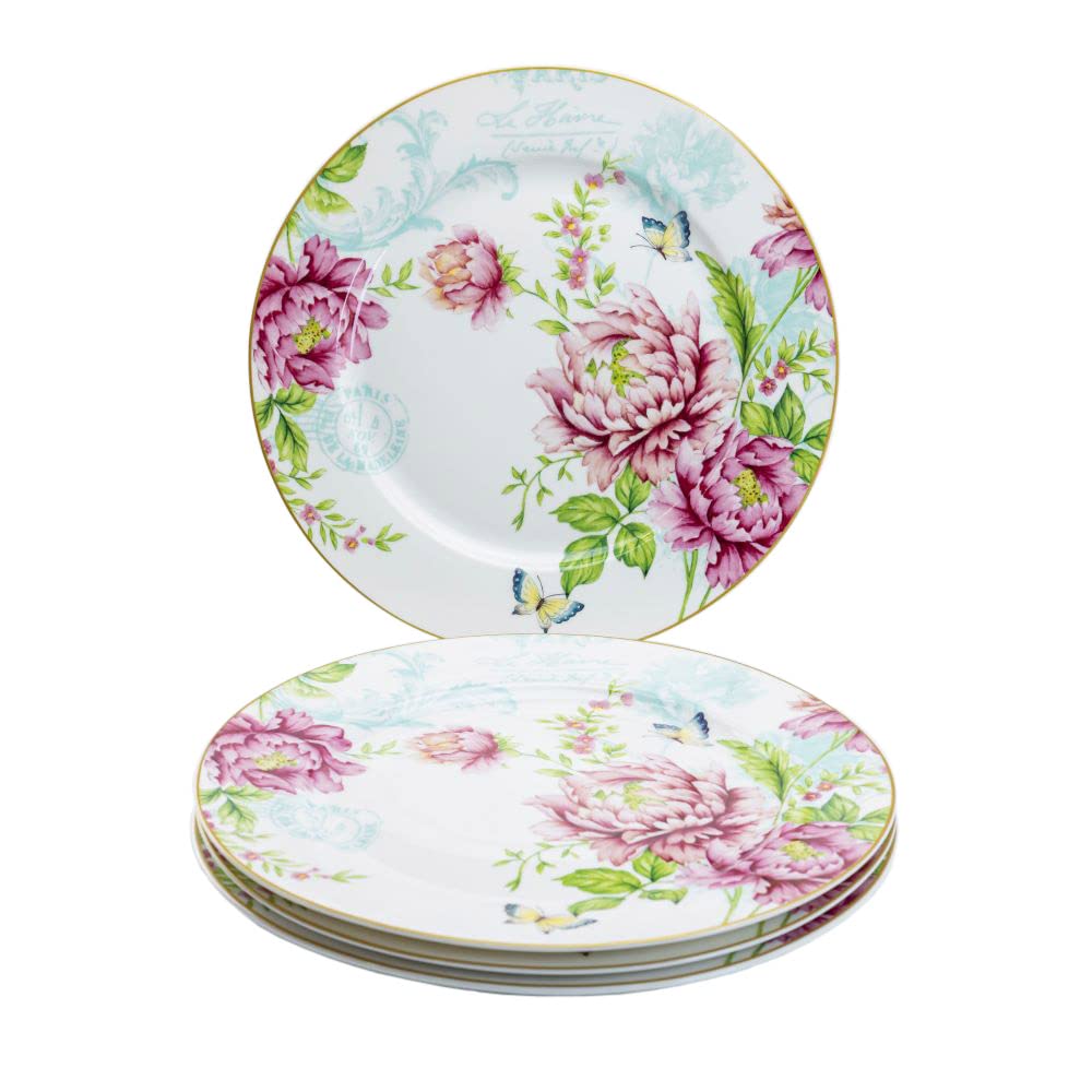 Gracie China by Coastline Imports Peony Garden Porcelain Dinner Plate 10.5-Inch (Set of 4), Pink, Blue