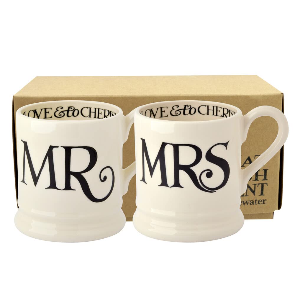 Emma Bridgewater Handmade Ceramic Black Toast Mr & Mrs Script Wedding Gift Set Of 2 Half-Pint Coffee and Tea Mugs