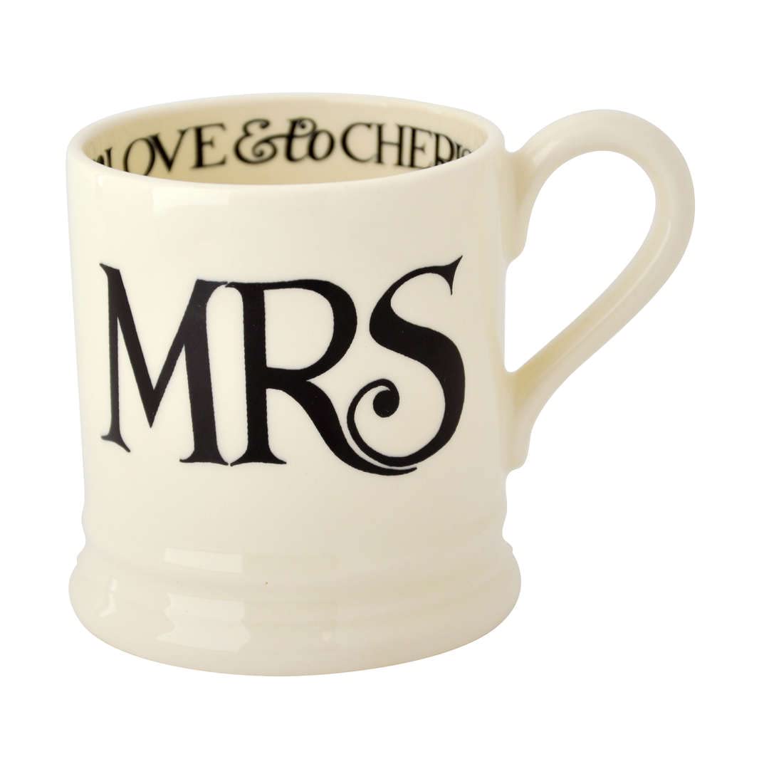 Emma Bridgewater Handmade Ceramic Black Toast Mr & Mrs Script Wedding Gift Set Of 2 Half-Pint Coffee and Tea Mugs