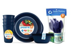 preserve reusable bpa free everyday tableware set with cutlery made from recycled plastic: 4 plates, 4 bowls, 4 cups and 24 pieces of cutlery, midnight blue