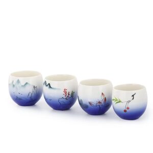 mqjzsh hand drawn chinese japanese style traditional ceramic tea cup set of four, tea set, kung fu tea cup, coffee cup (blue 1)