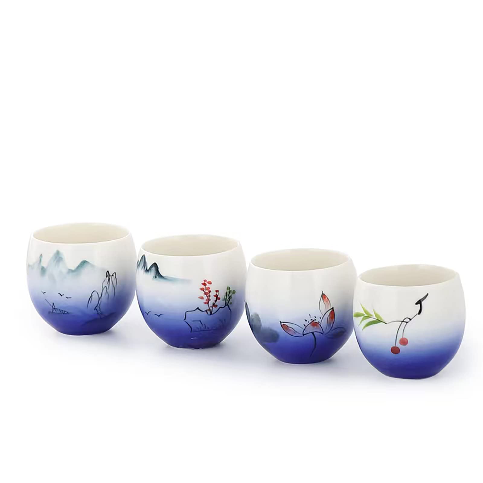 MQjzsh Hand drawn Chinese Japanese style traditional ceramic tea cup set of four, tea set, kung fu tea cup, coffee cup (blue 1)