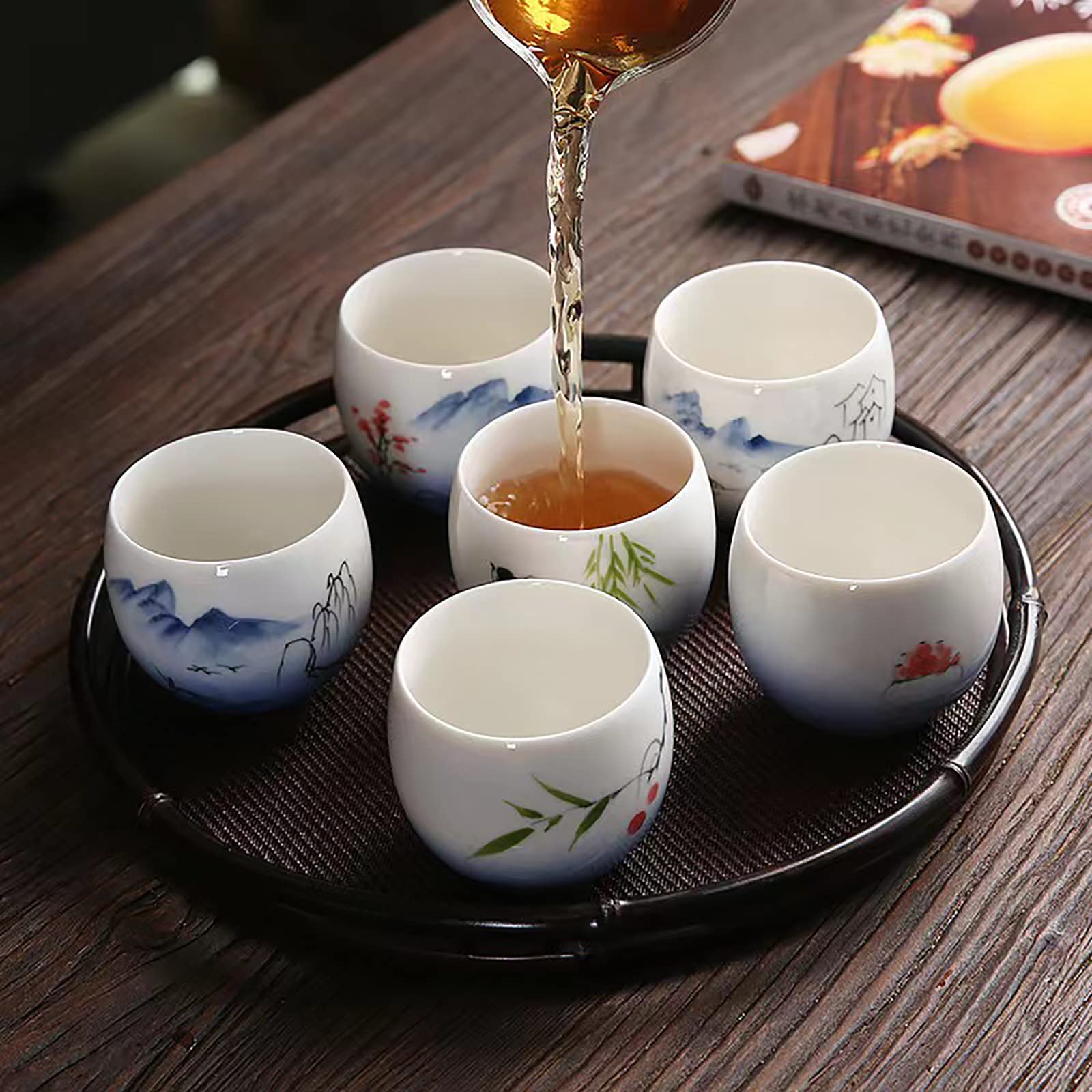 MQjzsh Hand drawn Chinese Japanese style traditional ceramic tea cup set of four, tea set, kung fu tea cup, coffee cup (blue 1)